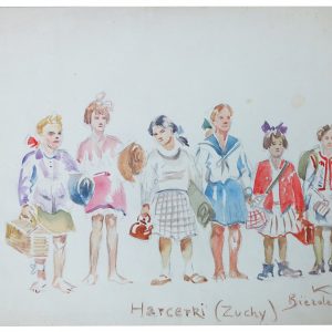 5411 ah  autor karol kossak, harcerki - zuchy z bieździedzy 1946 r. akwarela. 20x30 cm.