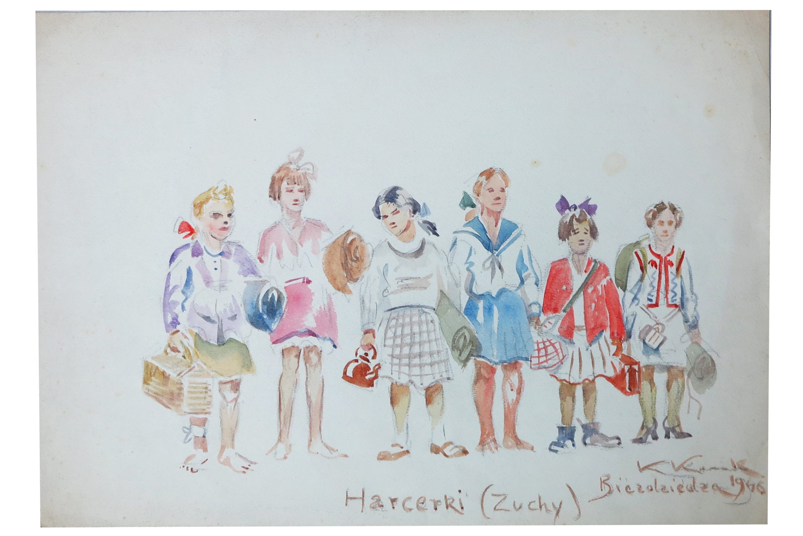 5411 ah  autor karol kossak, harcerki - zuchy z bieździedzy 1946 r. akwarela. 20x30 cm.