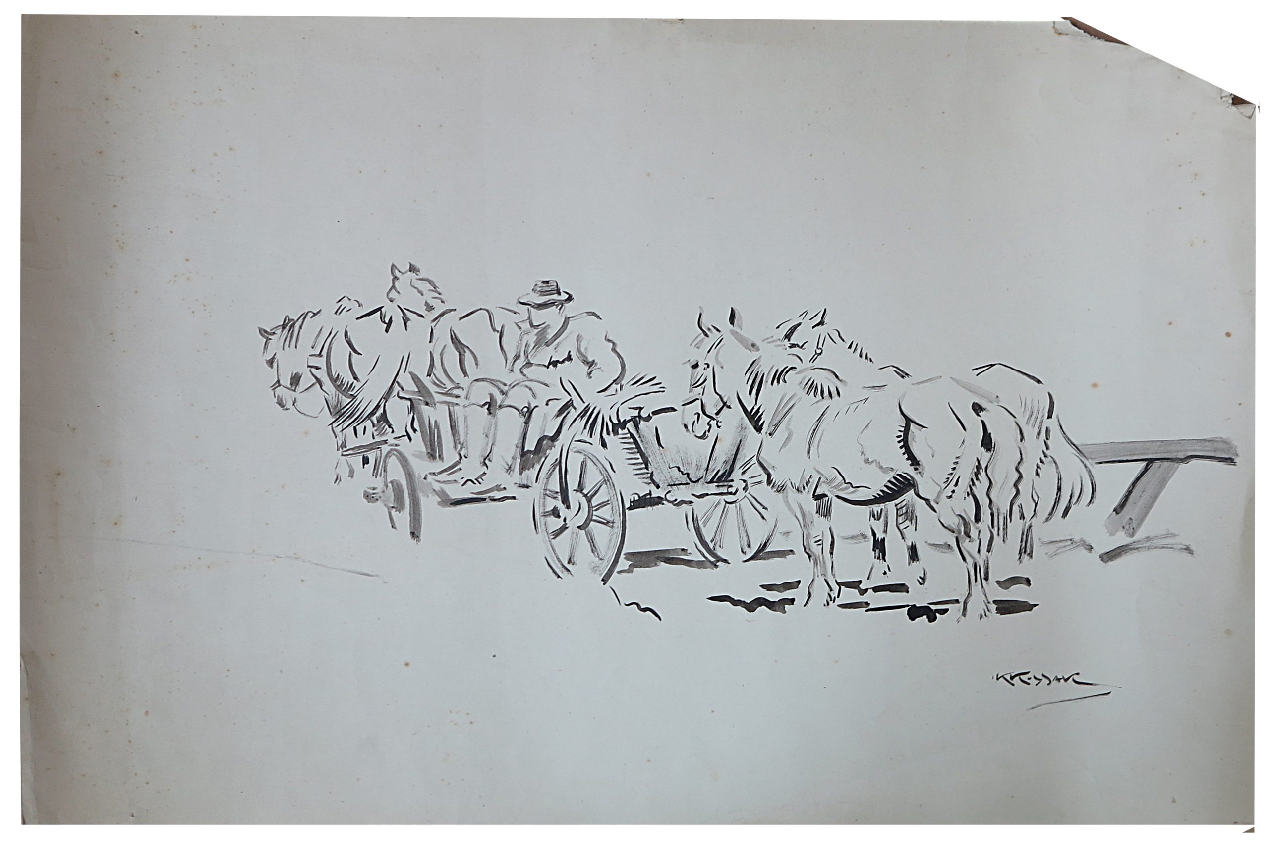 5416 ah autor karol kossak, w drodze na targ, rysunek ołówkiem, 20x30 cm.