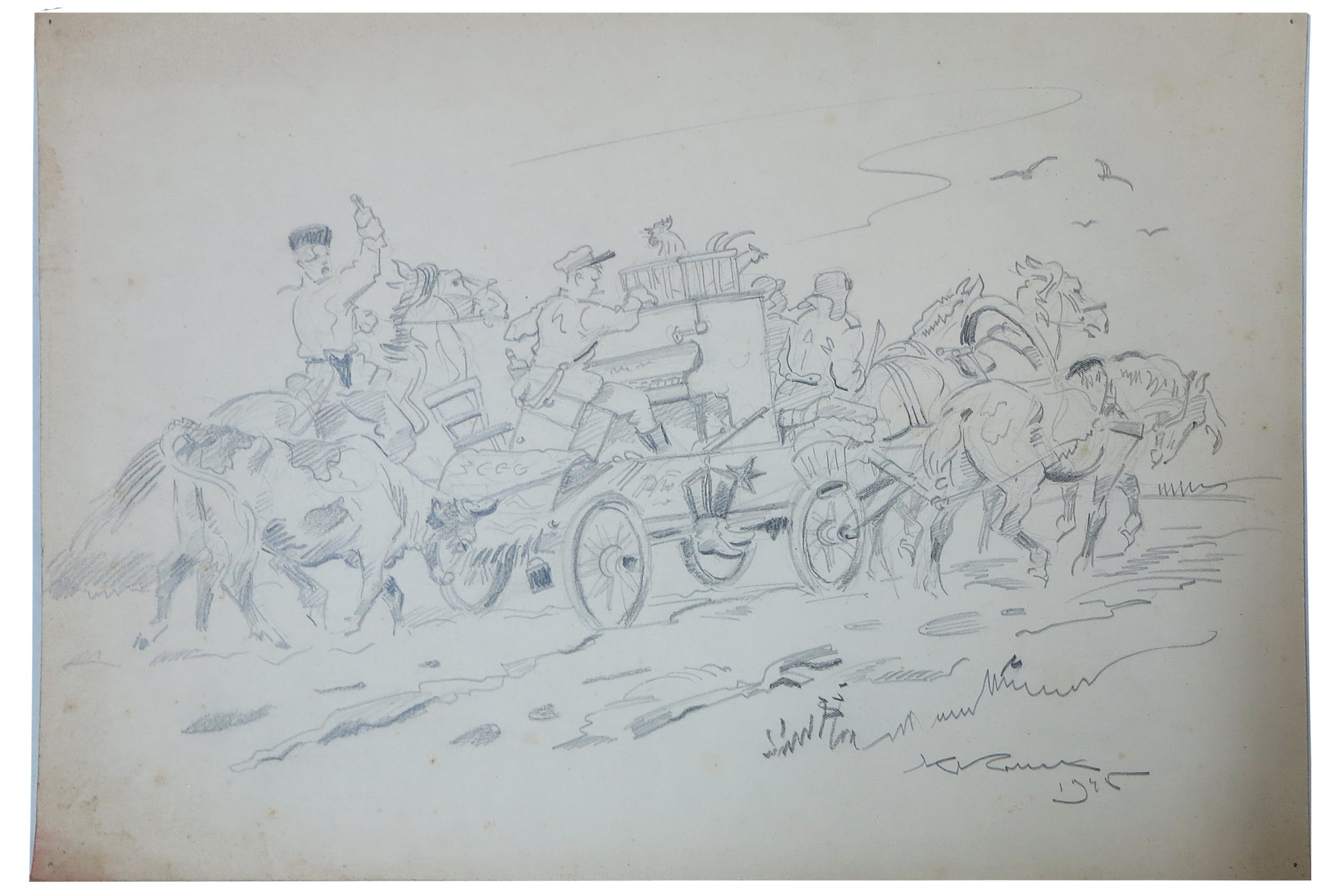 5417 ah autor karol kossak, przemarsz zwycięskiej armii, rysunek ołówkiem, 1945 r. 20x30 cm.