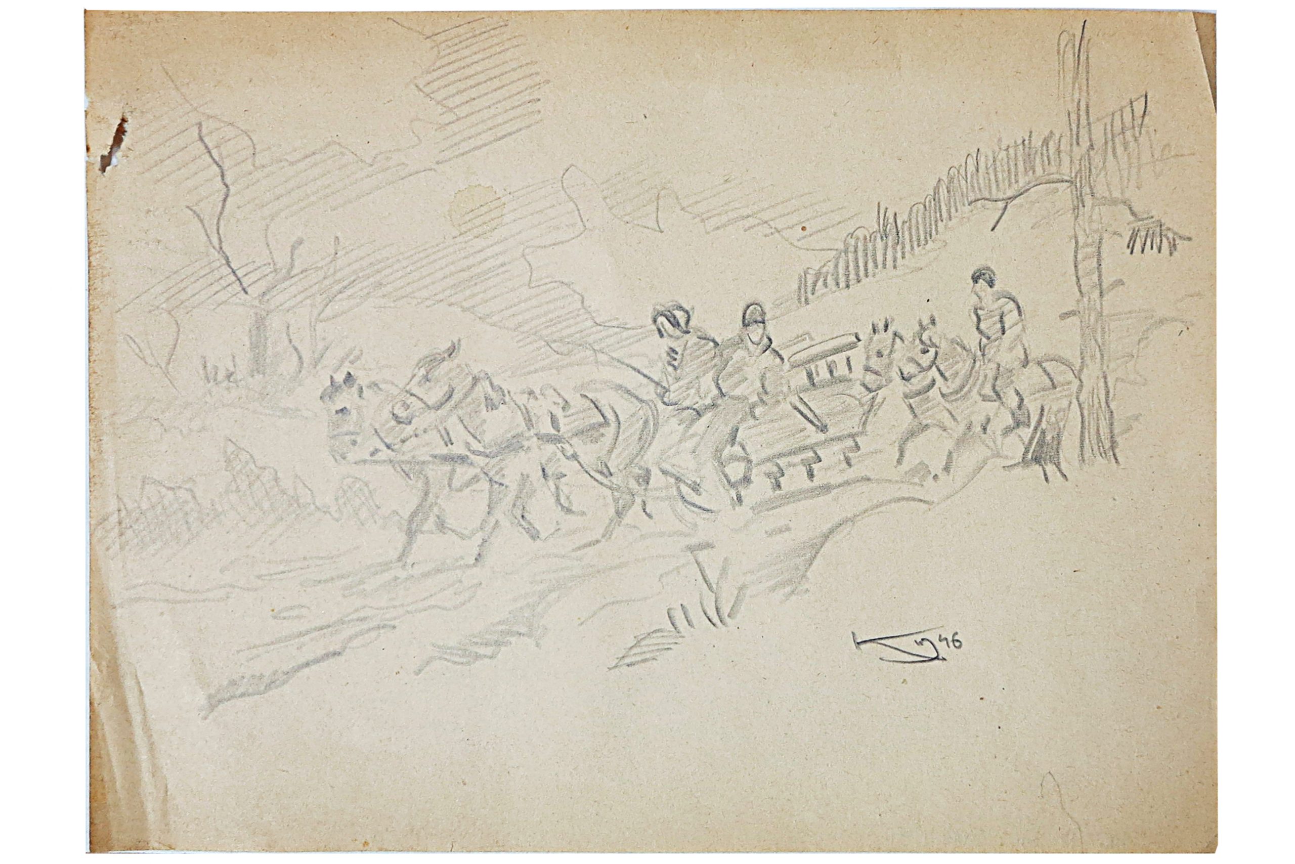 5418 ah  autor karol kossak, kulig, rysunek ołówkiem, 1946 r. 20x30 cm.