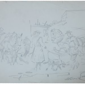 5420 ah autor karol kossak, w ruinach jasła, rysunek węglem, 1945 r. 20x30 cm.