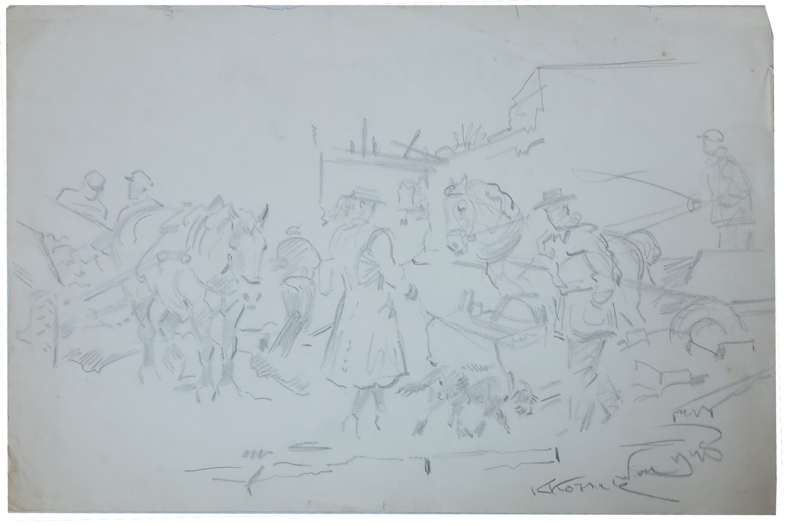 5420 ah autor karol kossak, w ruinach jasła, rysunek węglem, 1945 r. 20x30 cm.