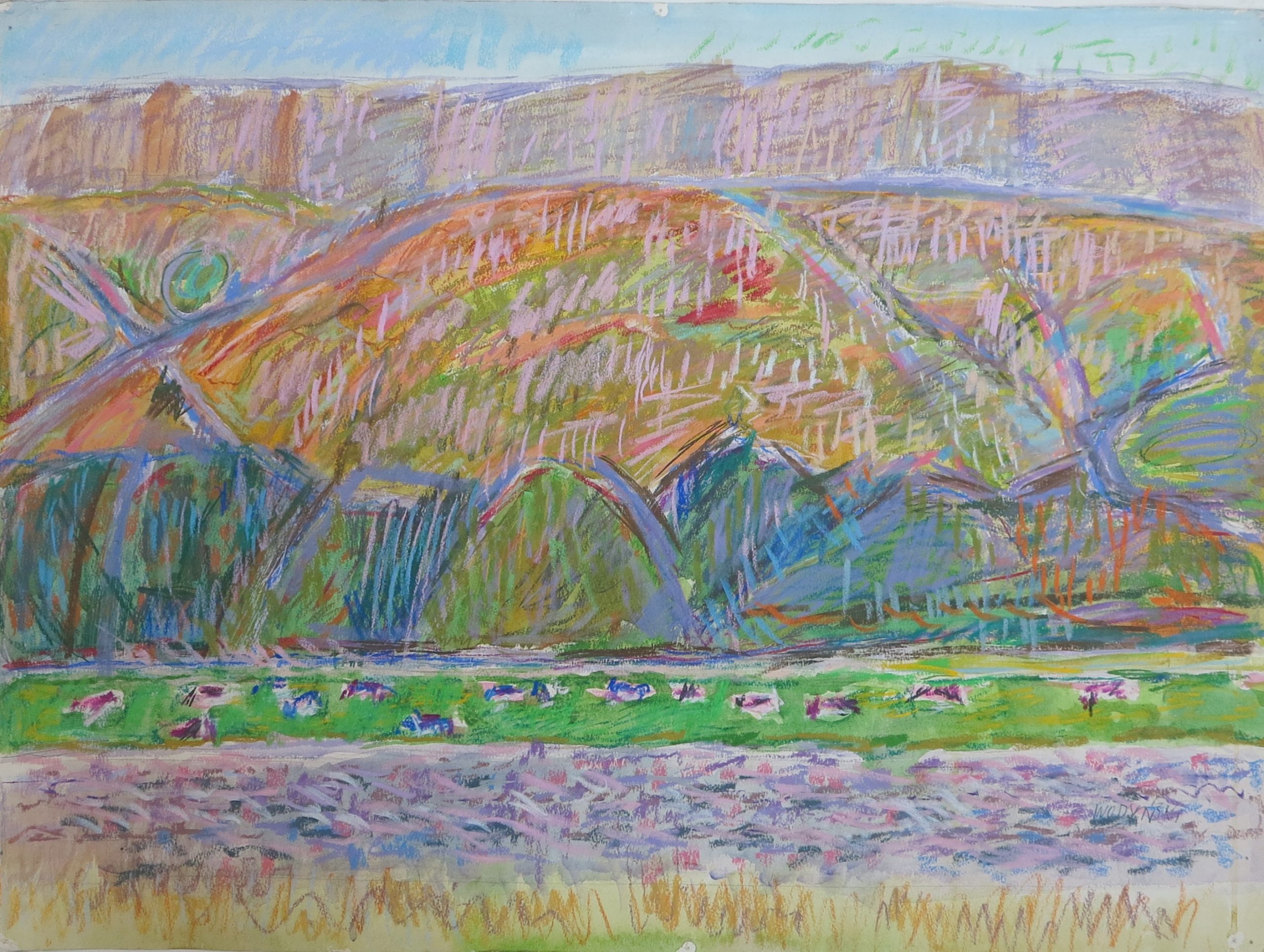 5434 ah, jan wodyński, pejzaż se środkowej anglii, akwarela pastel, 1976 r. 56x76 cm.