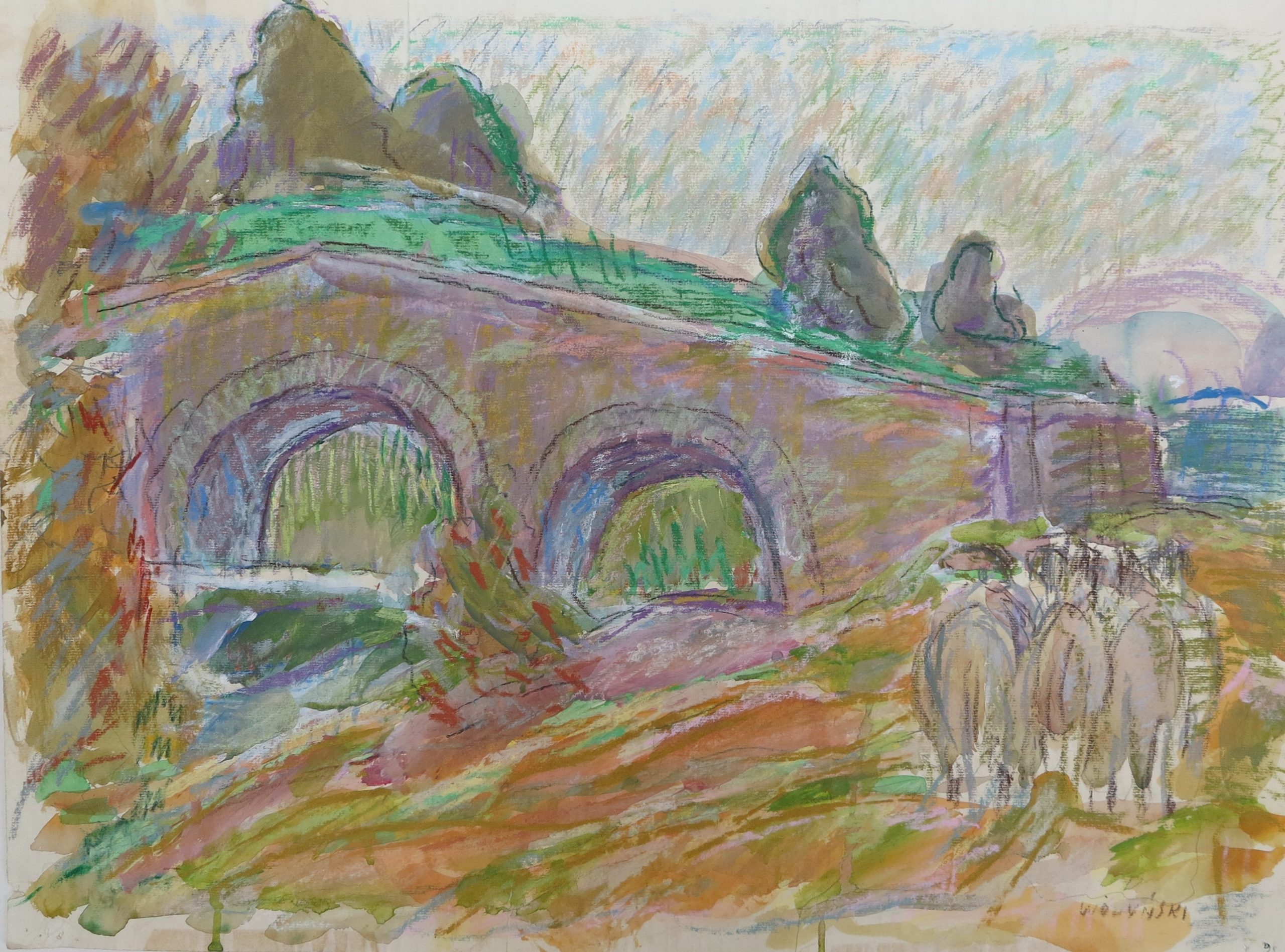 5435 ah, jan wodyński, mostek w anglii, akwarela kredka, 48x62 cm.