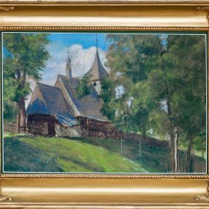 5437 ah obraz, kościół św, wawrzyńca w knurowie, autor leszek pindelski, akwarela-pastel, 33x48 cm. pocz. xx w.