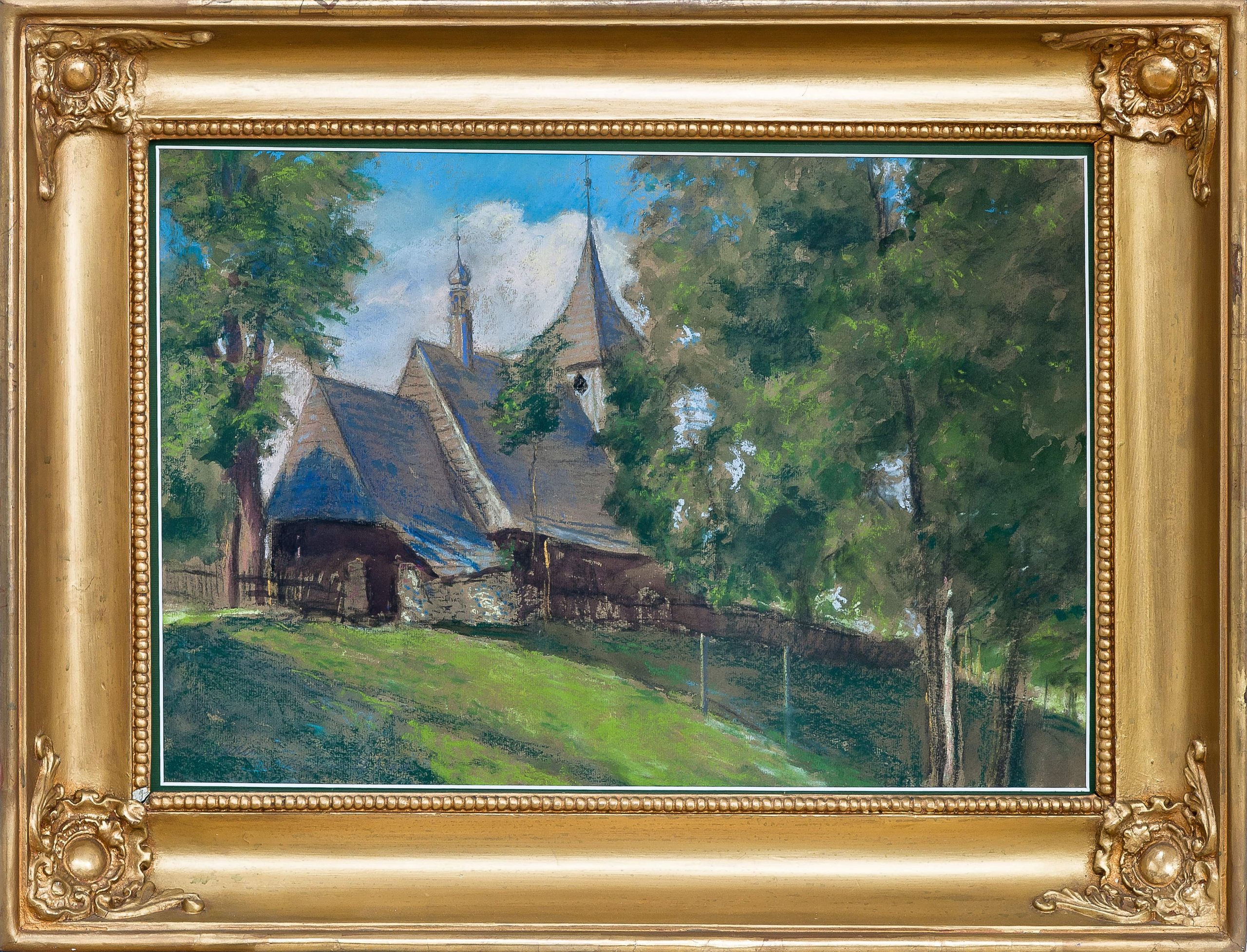 5437 ah obraz, kościół św, wawrzyńca w knurowie, autor leszek pindelski, akwarela-pastel, 33x48 cm. pocz. xx w.