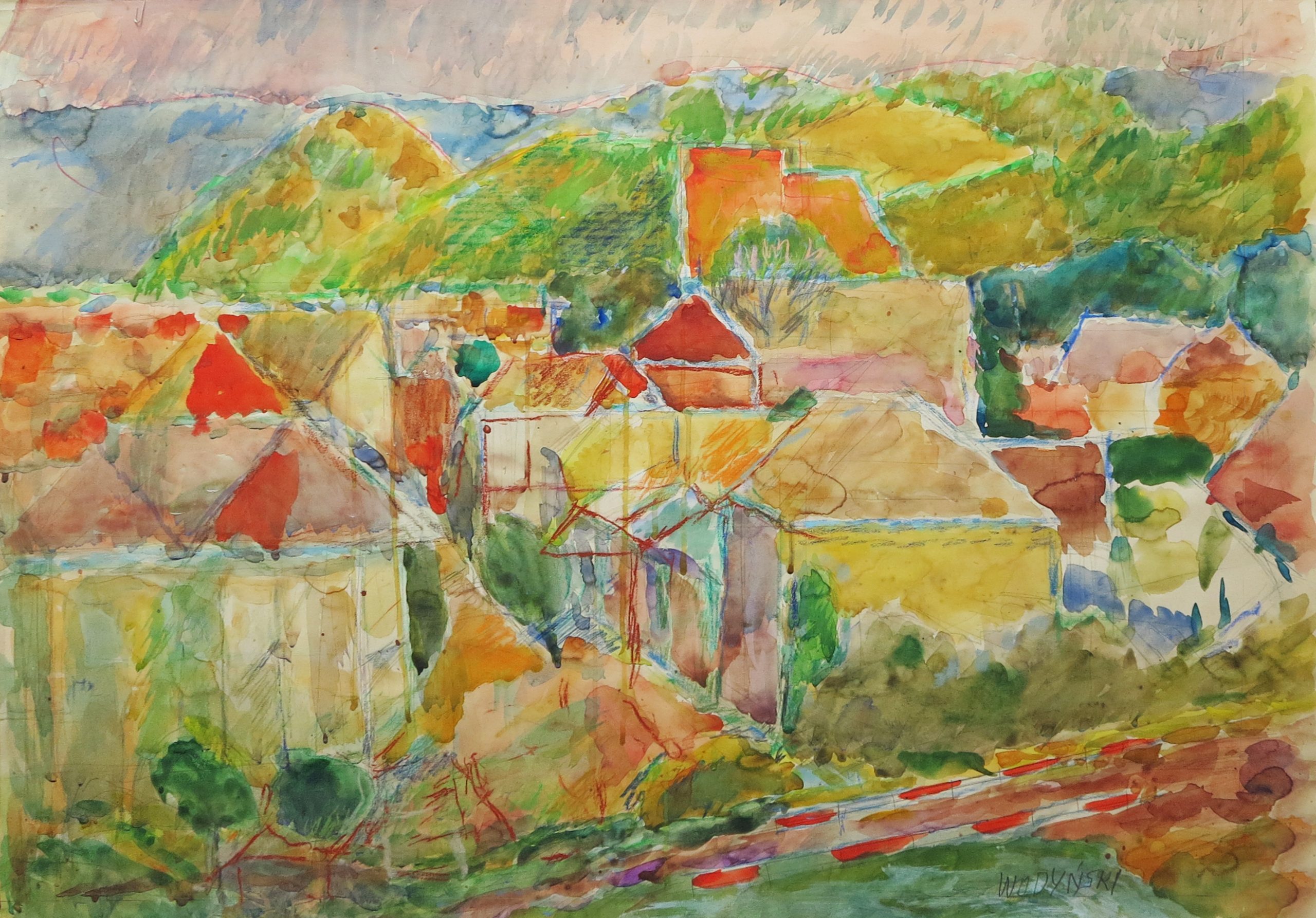 5467 ah, jan wodyński, widok jasła, 70 x 100, 1970 r., akwarela