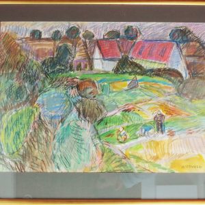 5474 ah, jan wodyński, domy w skokach, 74x89 cm, pastele akwarela.
