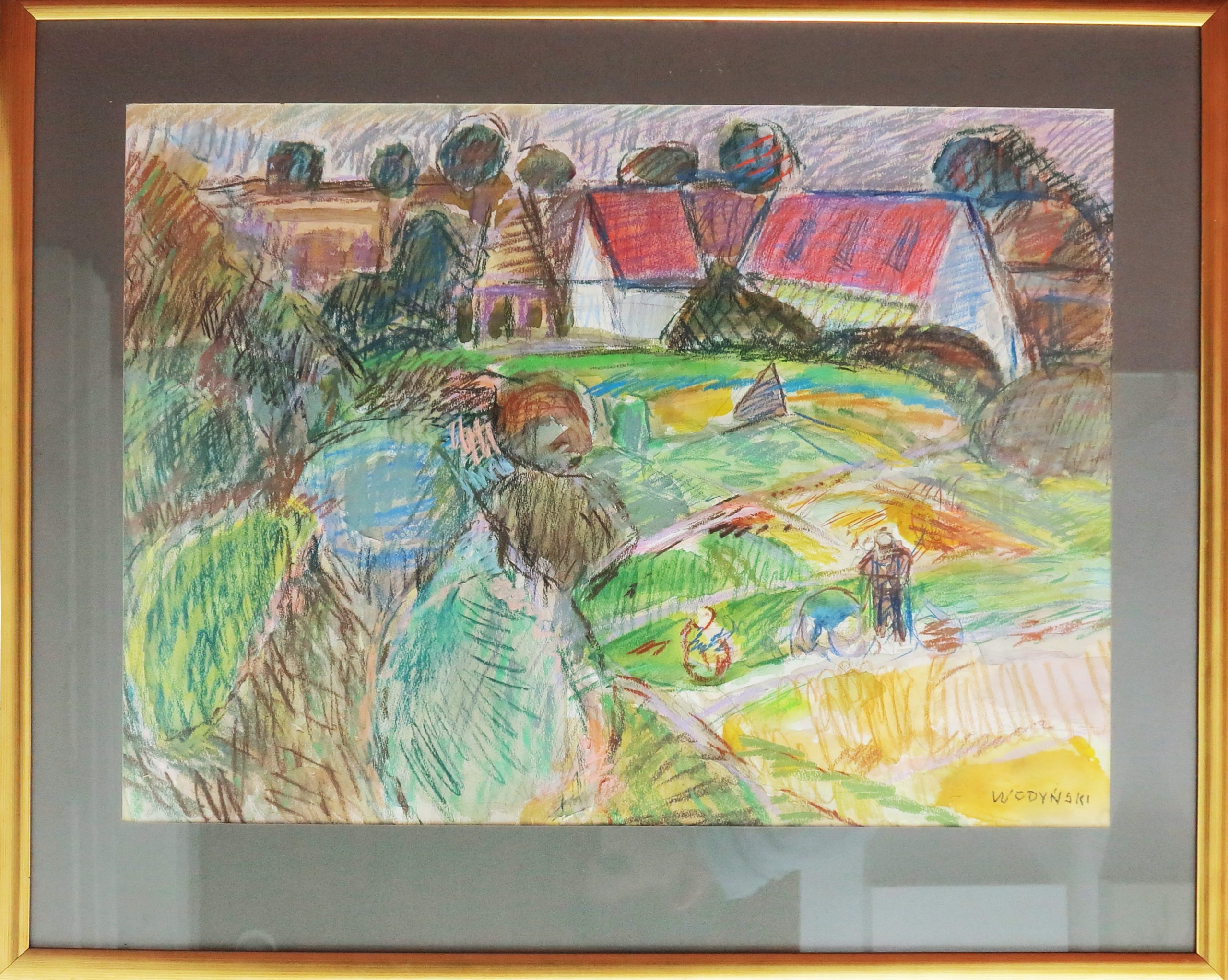 5474 ah, jan wodyński, domy w skokach, 74x89 cm, pastele akwarela.