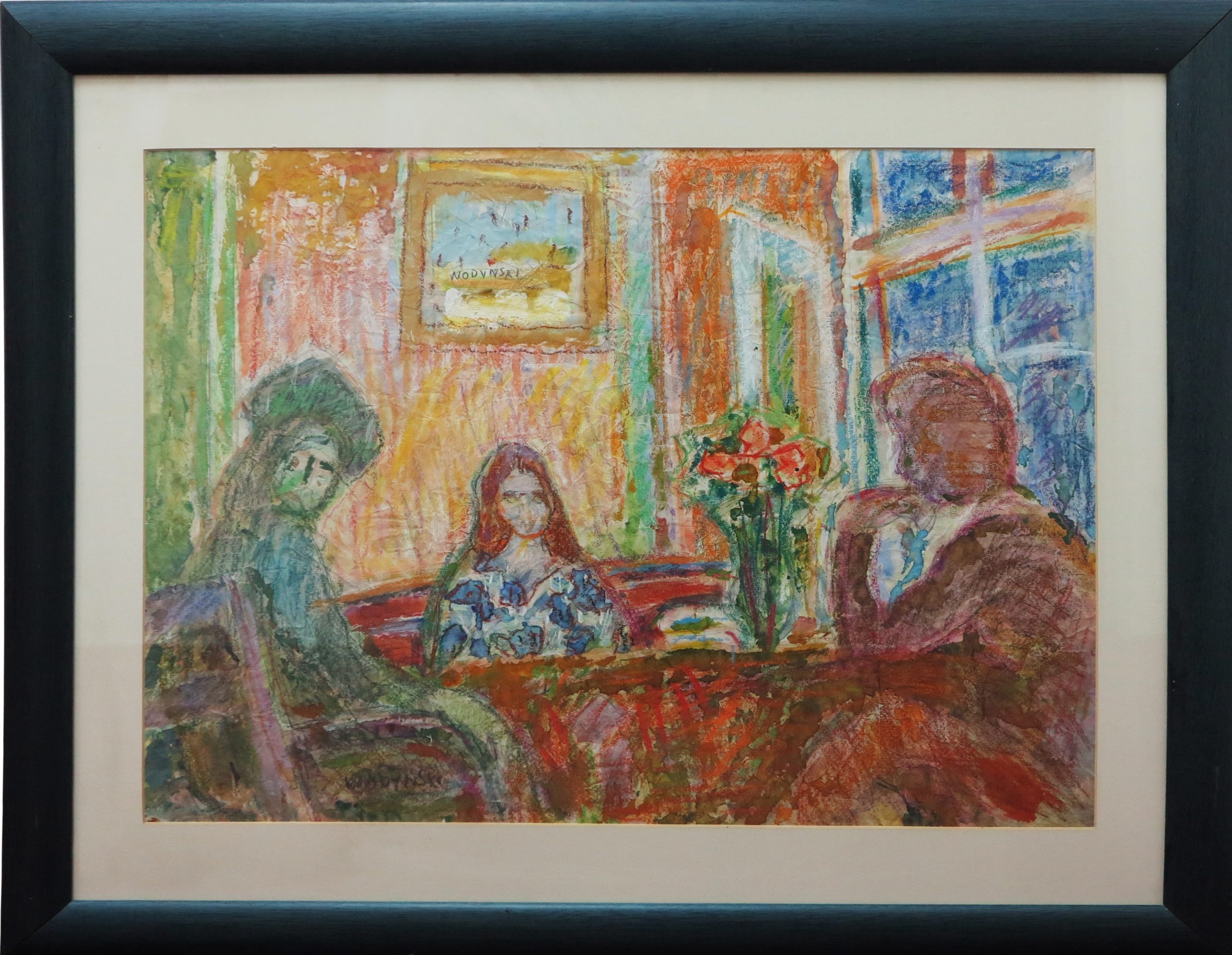 5476 ah, jan wodyński, rozmowa przy stole, 69x81cm, tech.mieszana