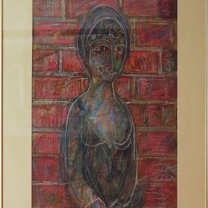 5479 ah, jan wodyński,  kobieta na tle muru, dziewczyna z getta, 80x60 cm., tech.mieszana.