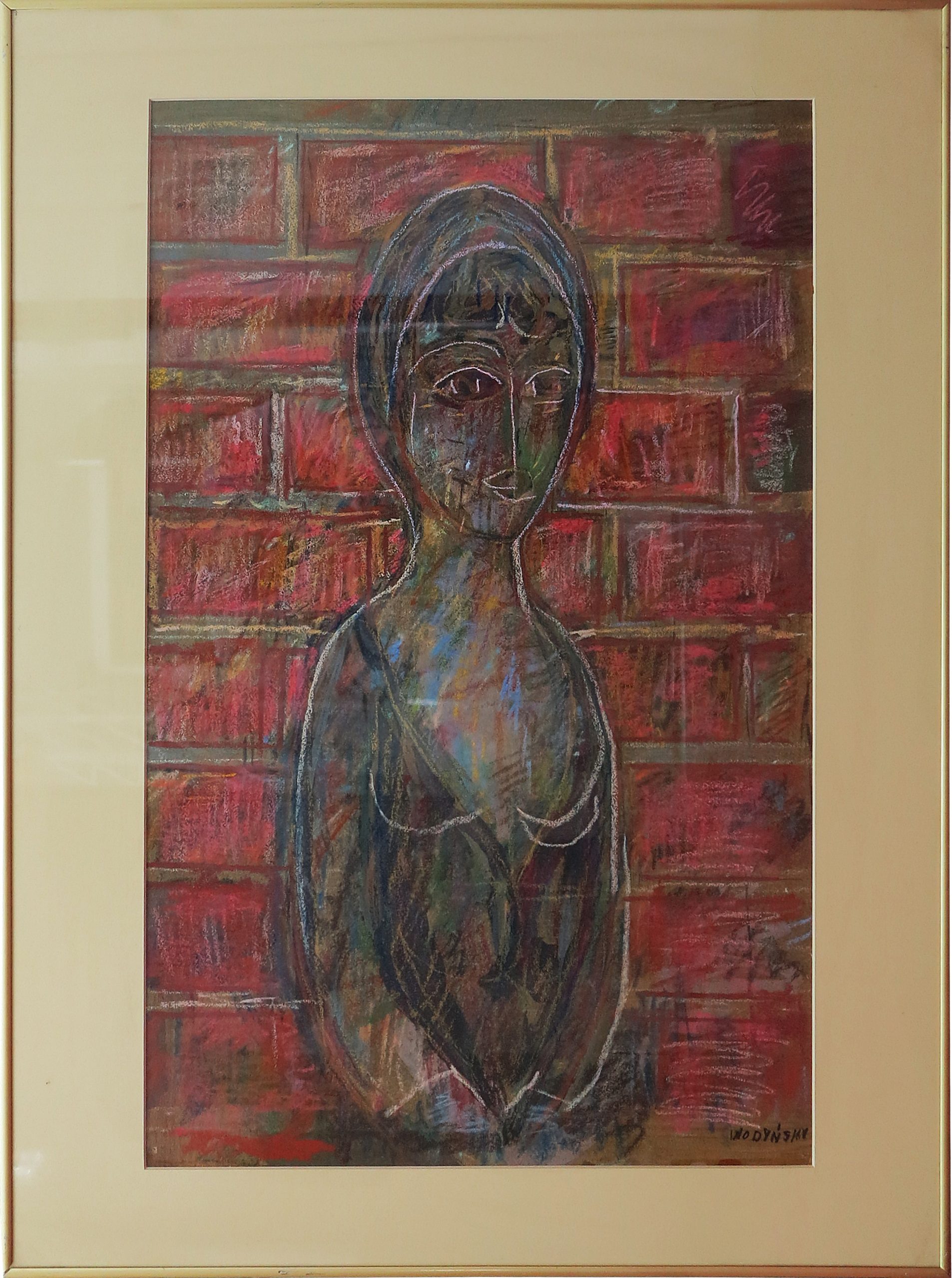 5479 ah, jan wodyński,  kobieta na tle muru, dziewczyna z getta, 80x60 cm., tech.mieszana.