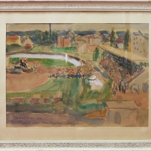 5486 ah, jan wodyński, widok na włocławek( bartkowi na imieniny), 43x53 w ramie, akwarela