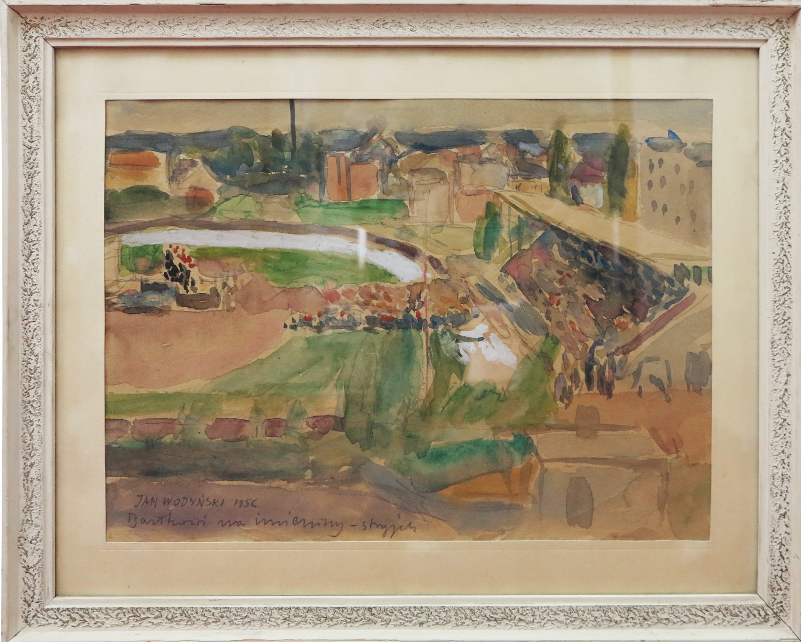 5486 ah, jan wodyński, widok na włocławek( bartkowi na imieniny), 43x53 w ramie, akwarela
