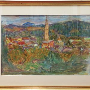 5489 ah, jan wodyński, stary sącz, 46x67 cm. w ramie, 1957r., tech.mieszana.