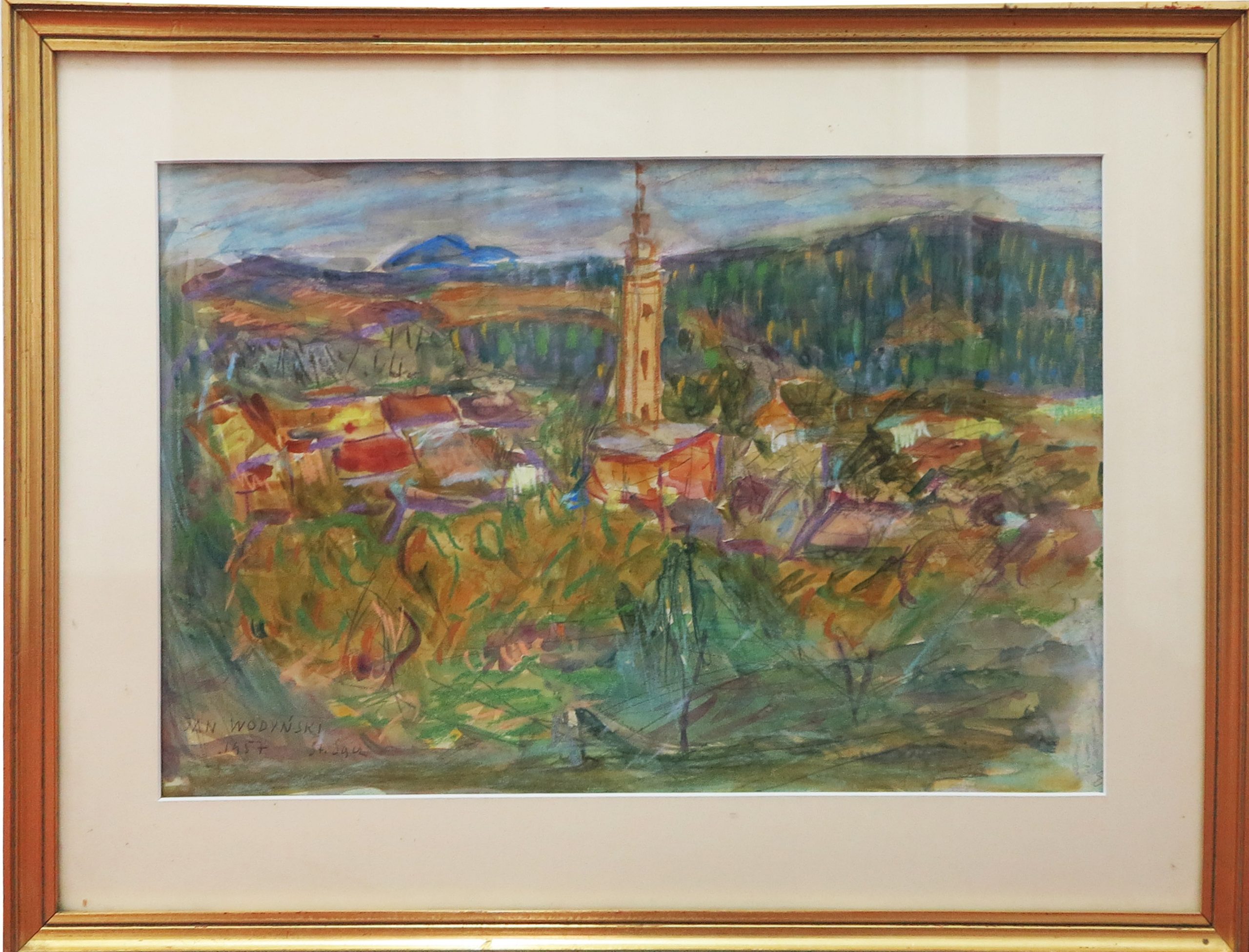 5489 ah, jan wodyński, stary sącz, 46x67 cm. w ramie, 1957r., tech.mieszana.