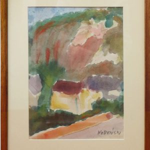 5495 ah, jan wodyński,  dom pod wierzbą, 43x33 w ramie, akwarela