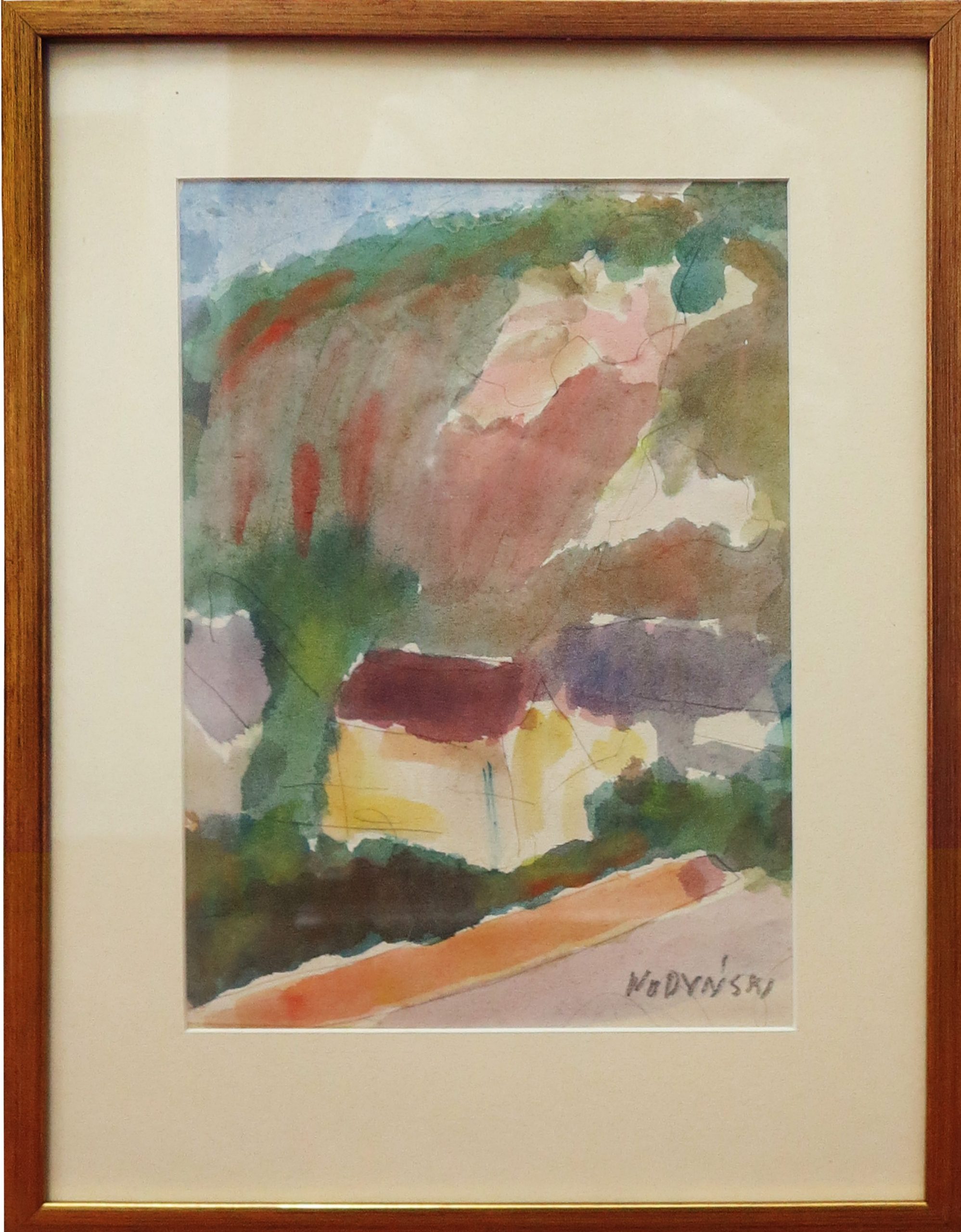 5495 ah, jan wodyński,  dom pod wierzbą, 43x33 w ramie, akwarela