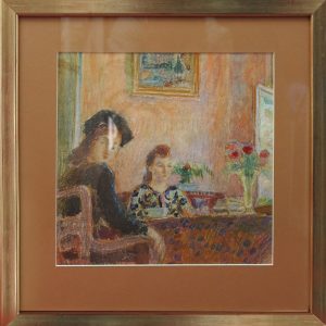 5496 ah, jan wodyński, przy stole, 43x43 w ramie, tech.miesz.
