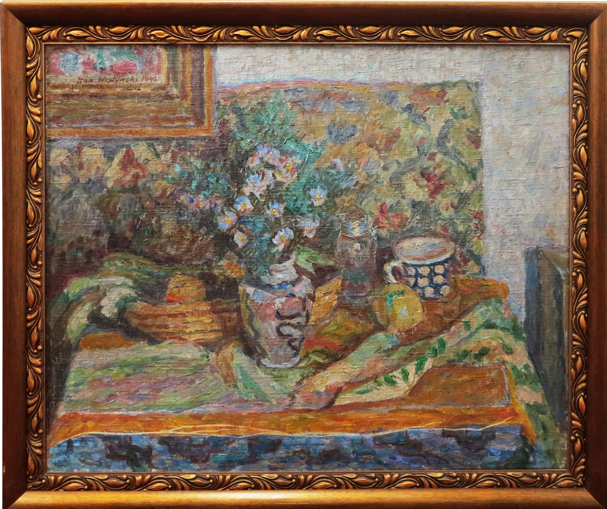 5502 ah, jan wodyński,  martwa natura z ludowym garnuszkiem, 60x73, 1946, olej na płótnie