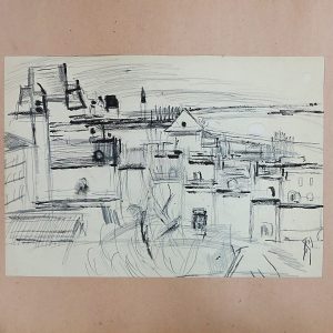 5519 ah, jan wodyński, miasto, ołówek, kredka, 30 x 42 cm.