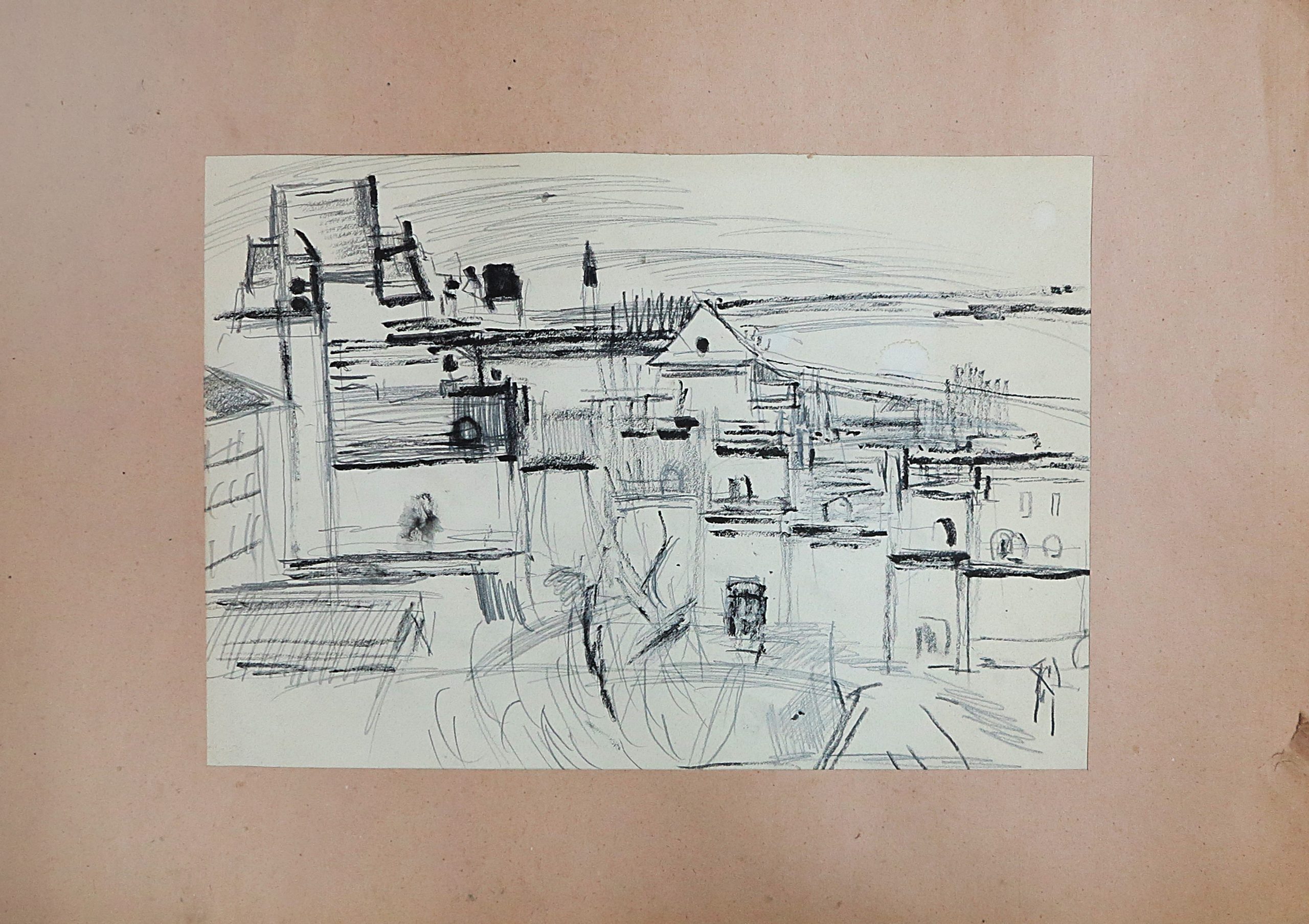 5519 ah, jan wodyński, miasto, ołówek, kredka, 30 x 42 cm.