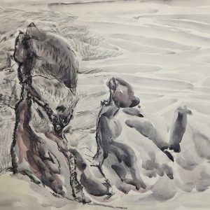 5523 ah,  jan wodyński, prządki, akwarela, kredka, 38x50 cm