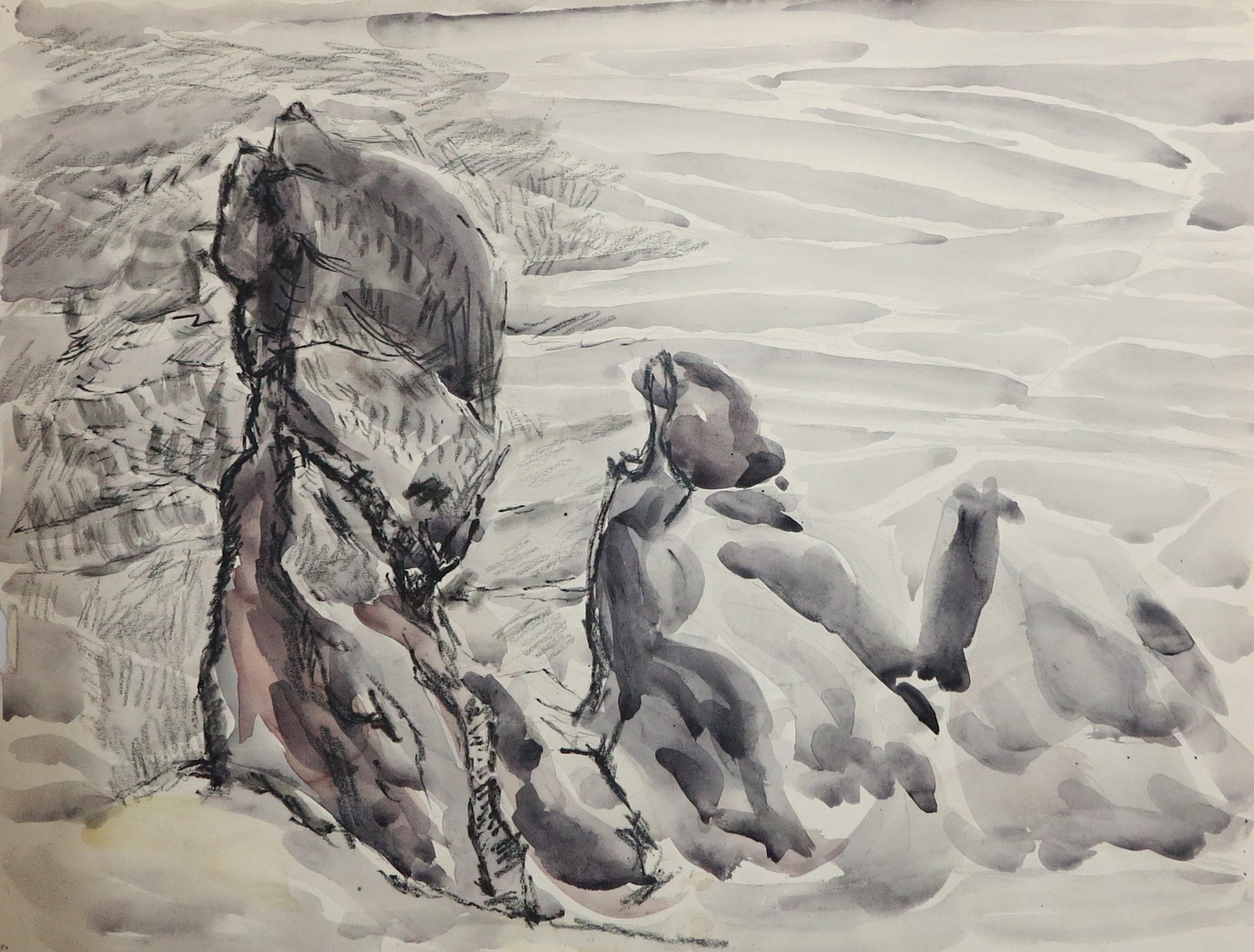 5523 ah,  jan wodyński, prządki, akwarela, kredka, 38x50 cm