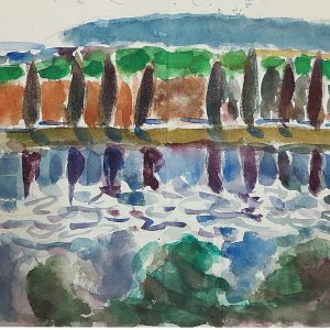 5530 ah, jan wodyński, pejzaż z jeziorem, gwasz na płótnie, 24,5x39,5 cm
