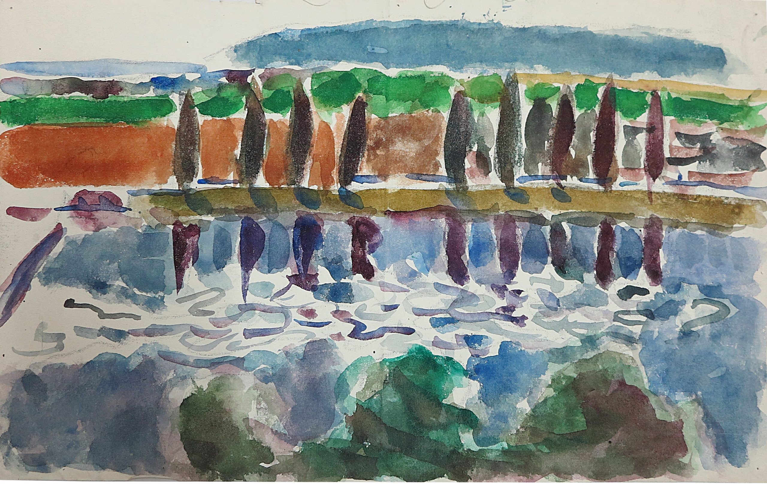 5530 ah, jan wodyński, pejzaż z jeziorem, gwasz na płótnie, 24,5x39,5 cm