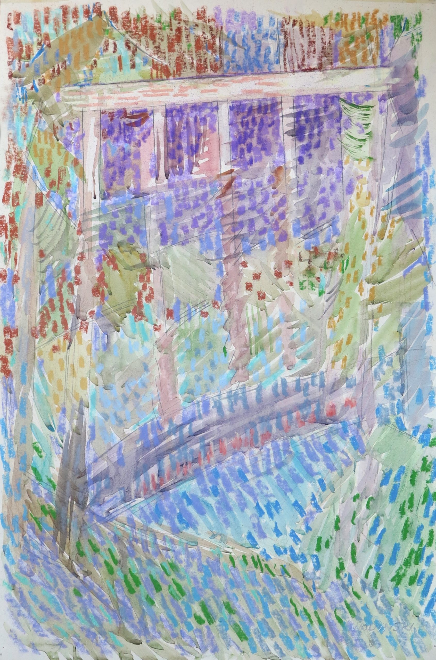 5544 ah, jan wodyński, mostek, akwarela, pastel, 75x50 cm.