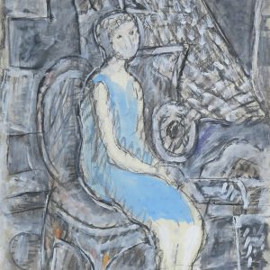 5545 ah,  jan wodyński, dziewczyna w niebieskiej sukni, pastel, gwasz, 70x50 cm.