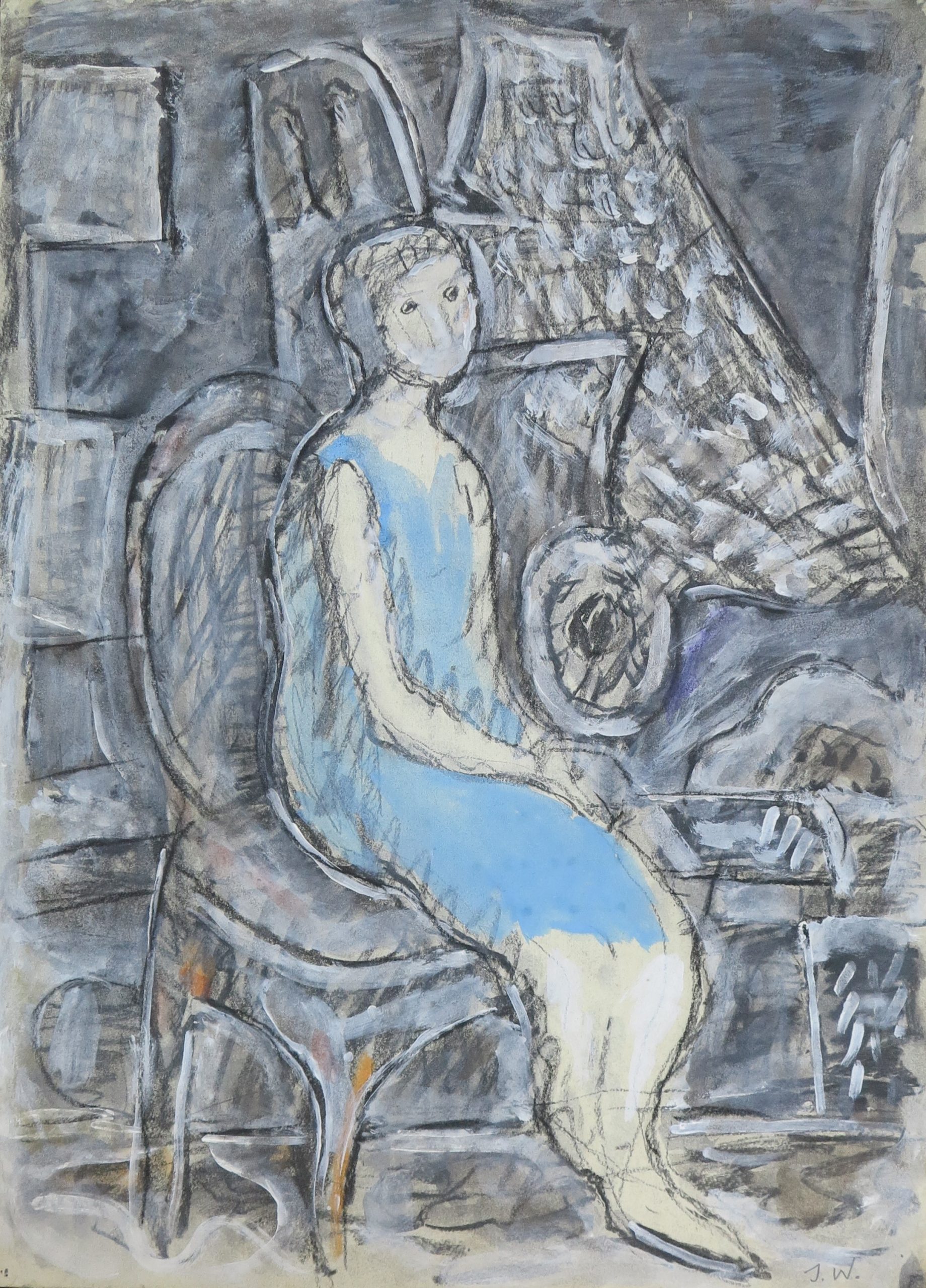 5545 ah,  jan wodyński, dziewczyna w niebieskiej sukni, pastel, gwasz, 70x50 cm.