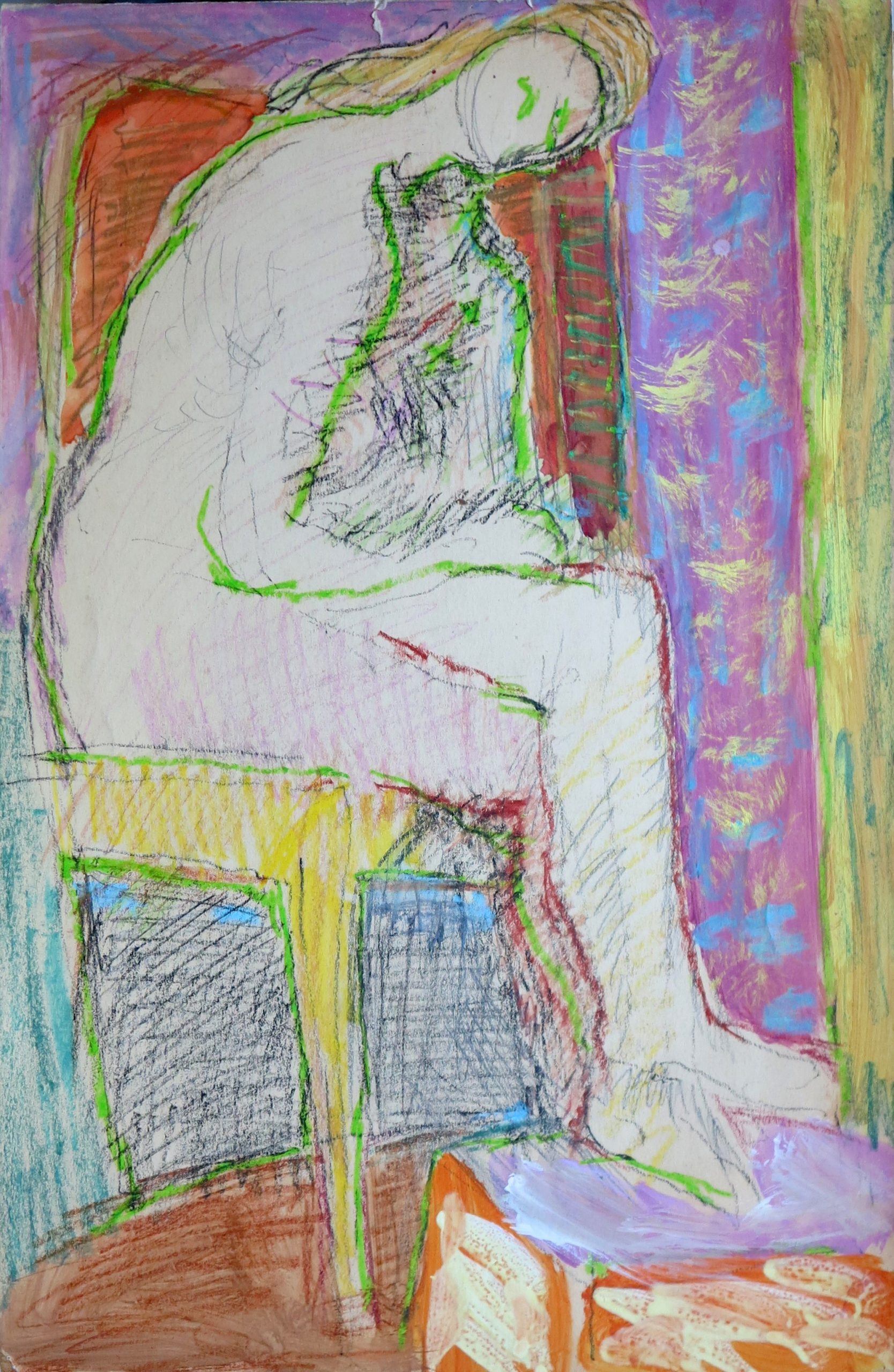 5547 ah, jan wodyński, akt z żółtym krzesłem, gwasz, kredka, 56x36 cm