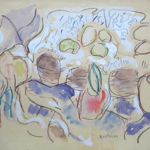5548 ah,  jan wodyński, przy stole, akwarela, kredka, 48x62,5 cm.