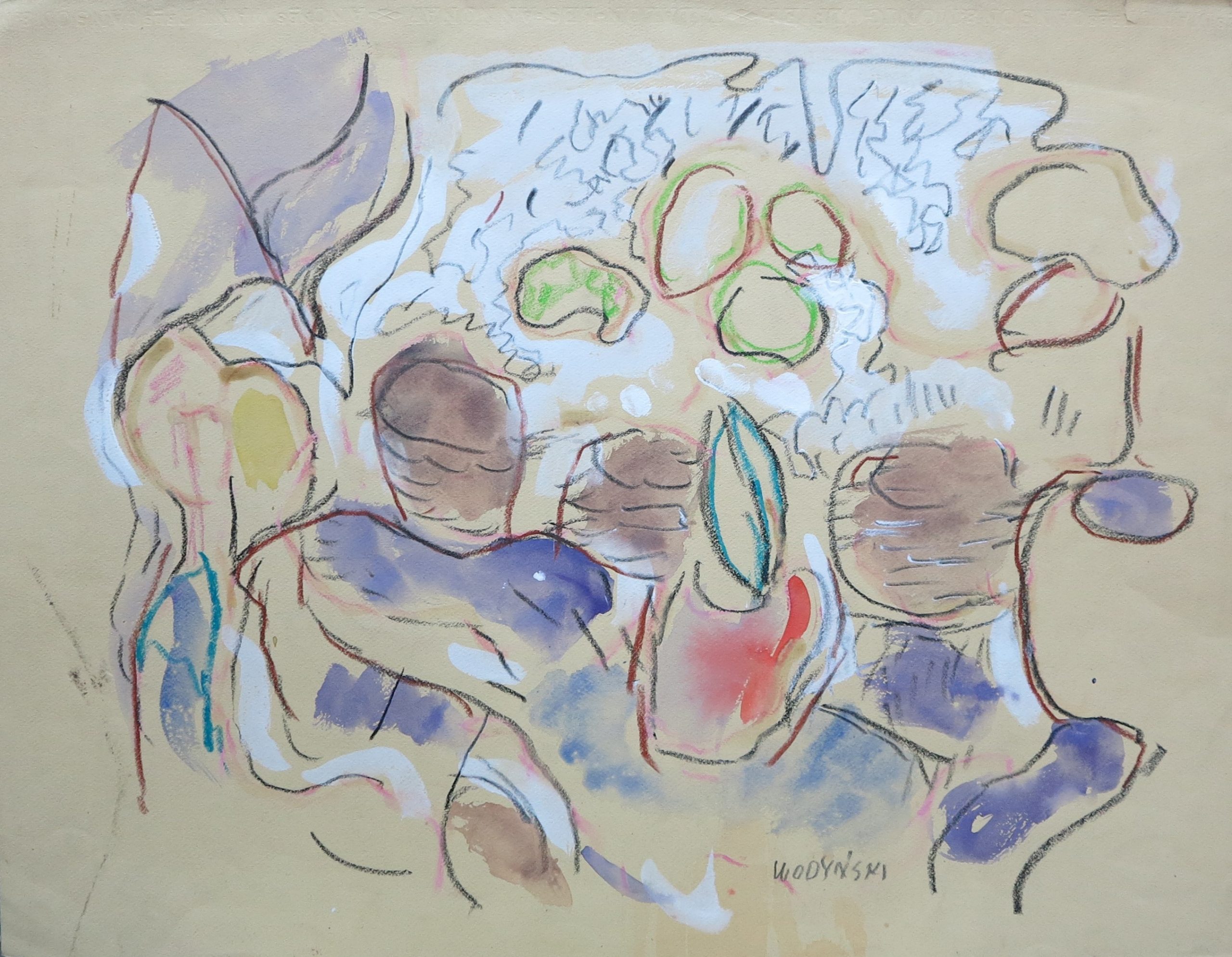 5548 ah,  jan wodyński, przy stole, akwarela, kredka, 48x62,5 cm.