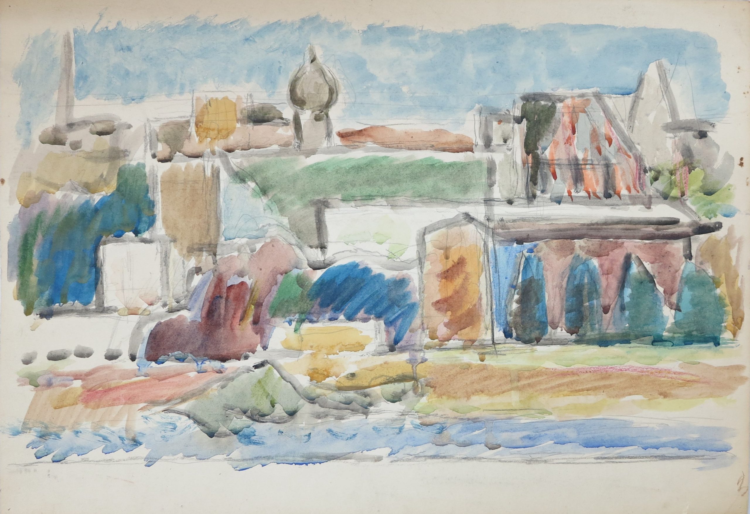 5618 ah,  jan wodyński, widok miasta, akwarela, 42 x 60 cm
