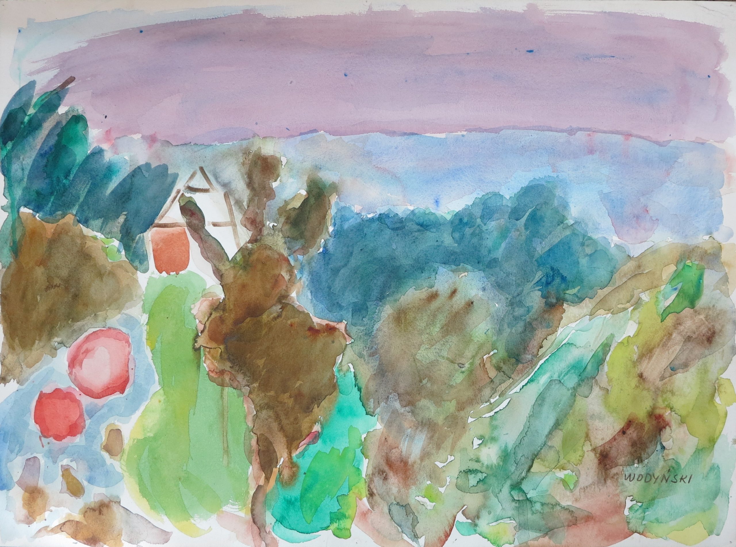 5619 ah jan wodyński, pejzaż, akwarela, 56 x 76 cm