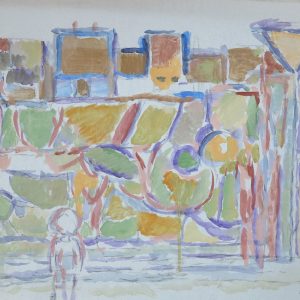 5621 ah jan wodyński, domy na wzgórzu, tempera, 50 x 64 cm.