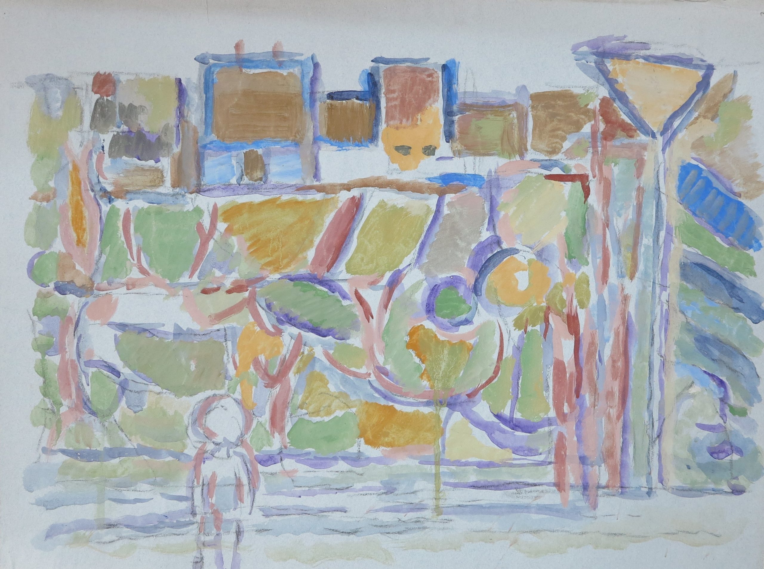 5621 ah jan wodyński, domy na wzgórzu, tempera, 50 x 64 cm.