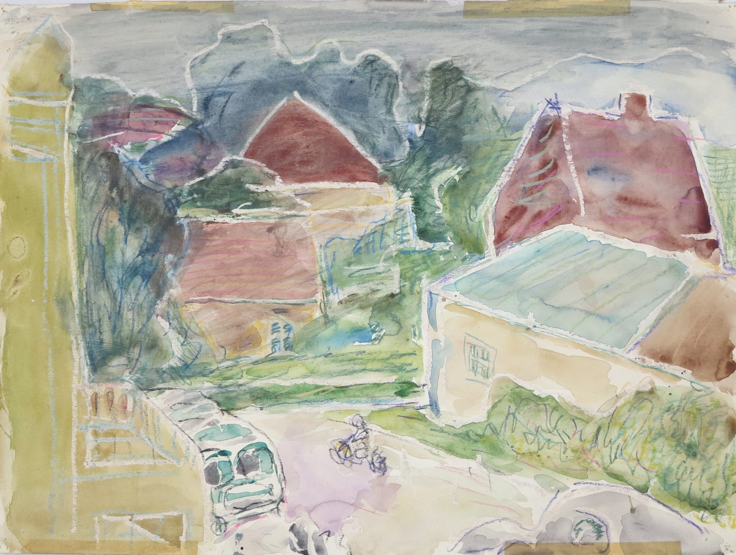 5629 ah jan wodyński, miasteczko, akwarele, kredki, 37 x 50 cm