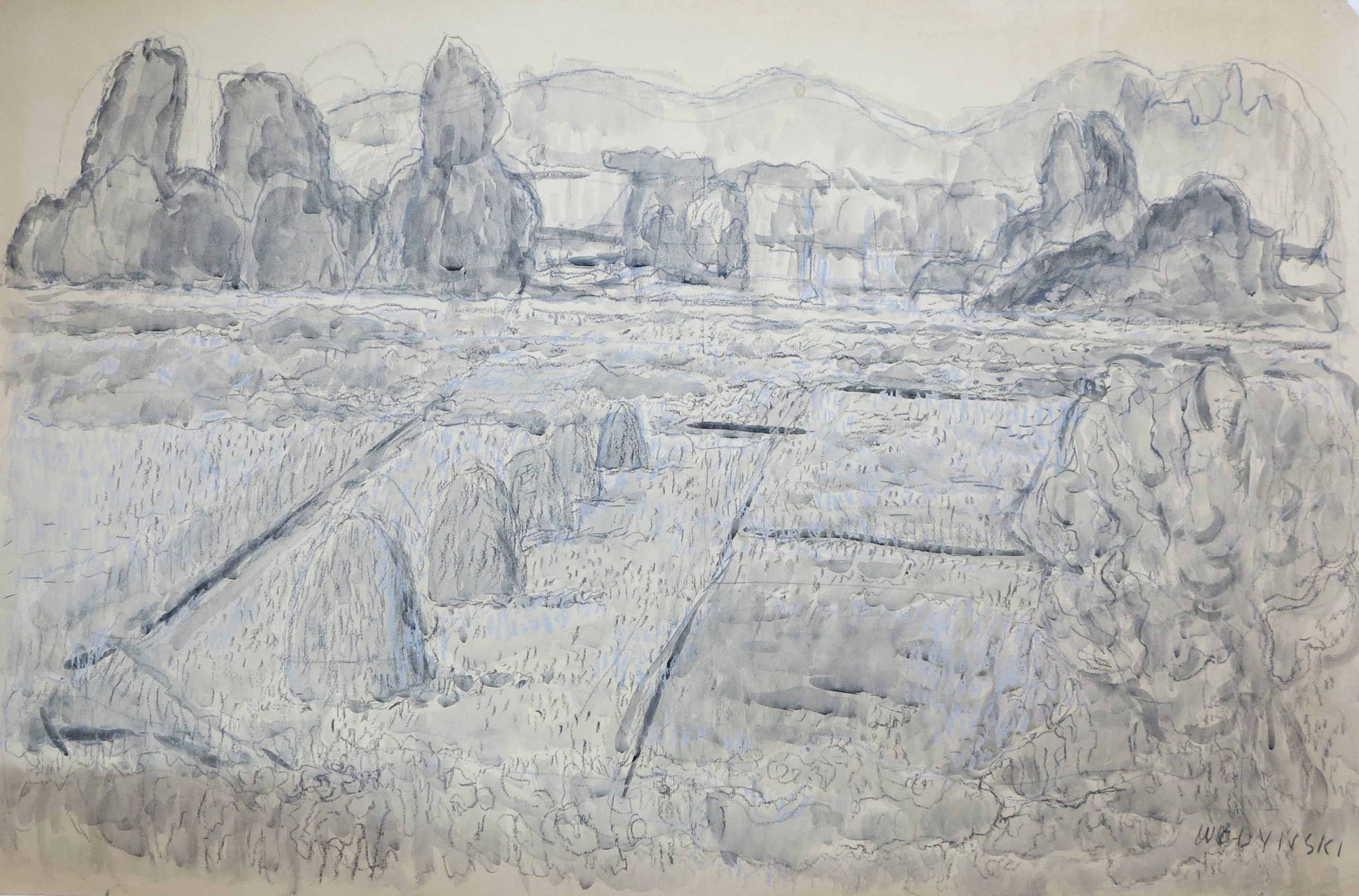 5651 ah jan wodyński, wieś podgórska, 1974, kredka, tusz, 62,5 x 95 cm.