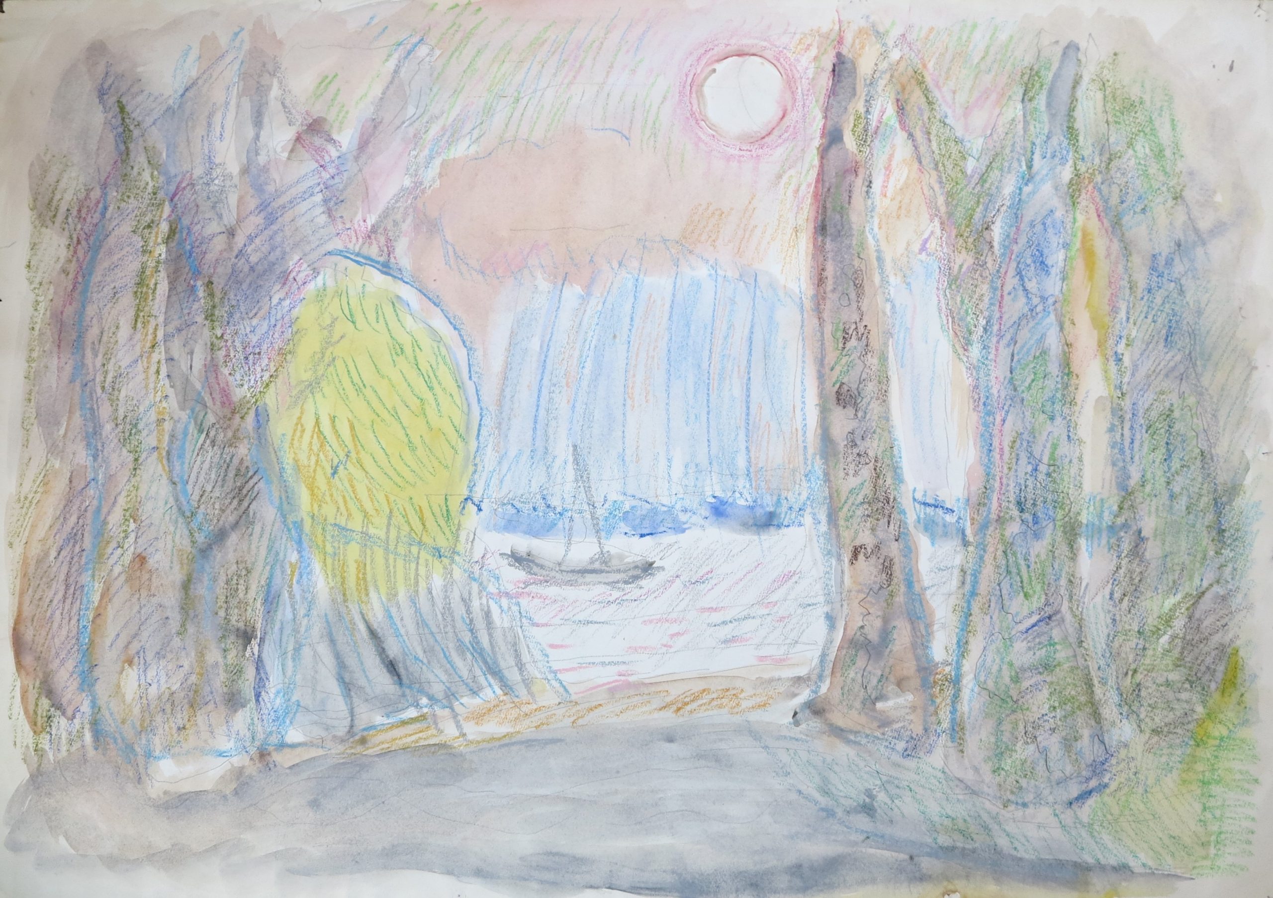5652 ah jan wodyński, brzeg wisły, 1970,  kredka, akwarela, 70 x 100 cm.