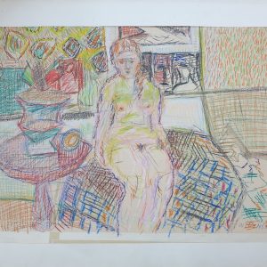 5653 ah jan wodyński, akt przy stoliku, 1968, kredka, 59 x 83,5 cm