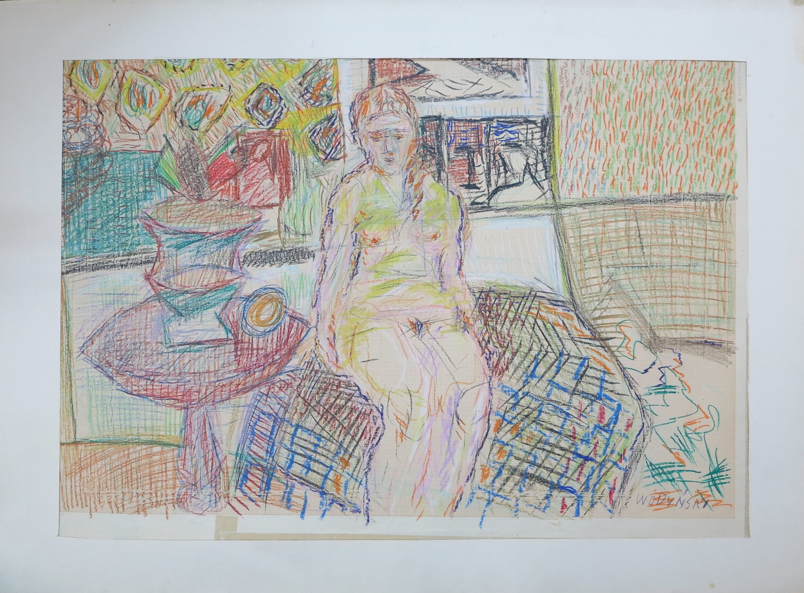 5653 ah jan wodyński, akt przy stoliku, 1968, kredka, 59 x 83,5 cm
