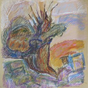 5654 ah jan wodyński, usychające drzewo, 1974, pastel, 60 x 57 cm