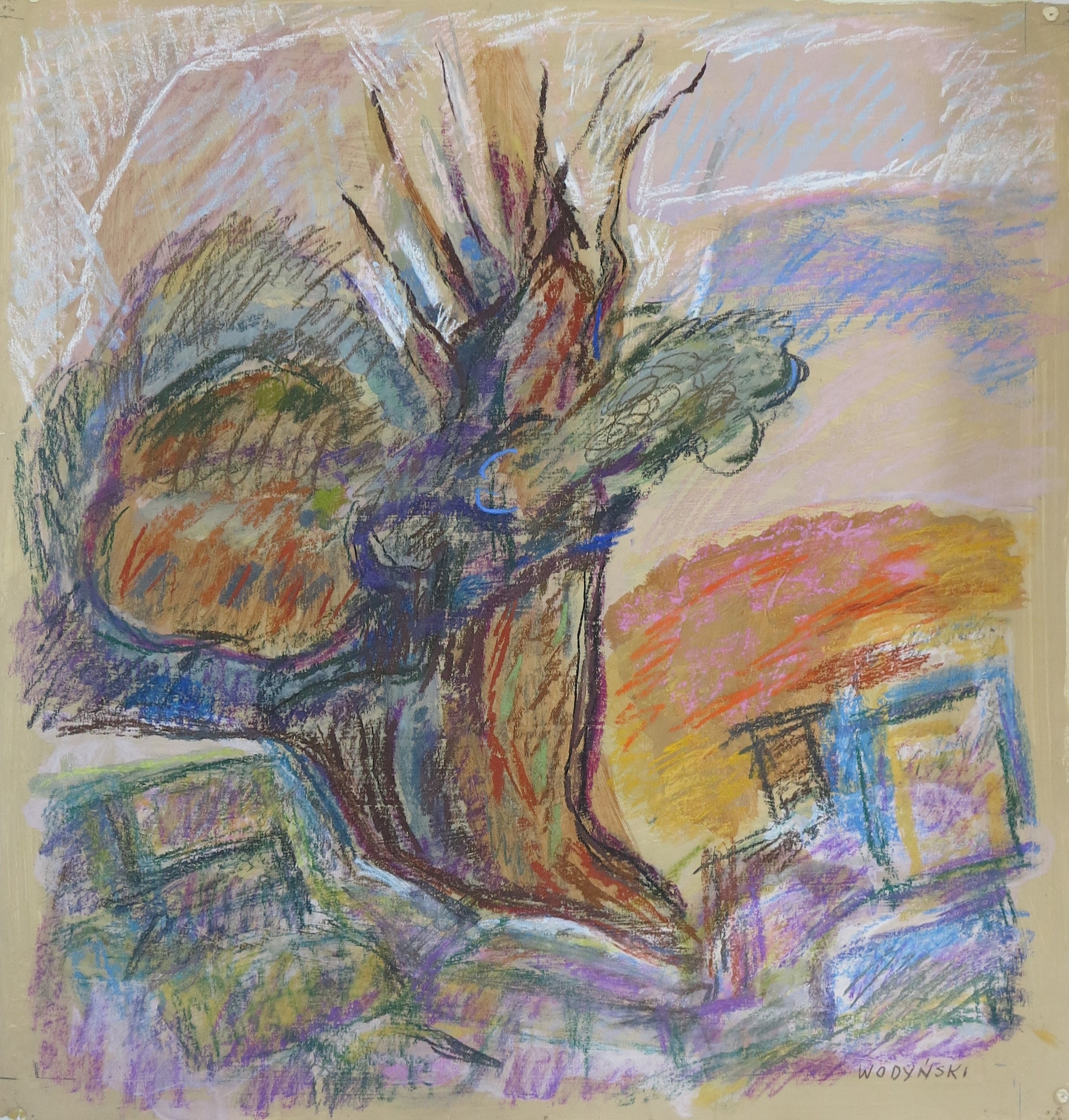 5654 ah jan wodyński, usychające drzewo, 1974, pastel, 60 x 57 cm