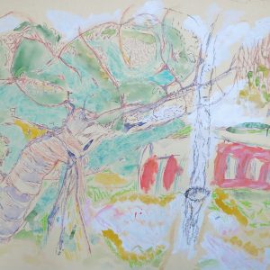 5661 ah jan wodyński, chore drzewko, 1965 r., gwasz, kredka, 76 x 103 cm