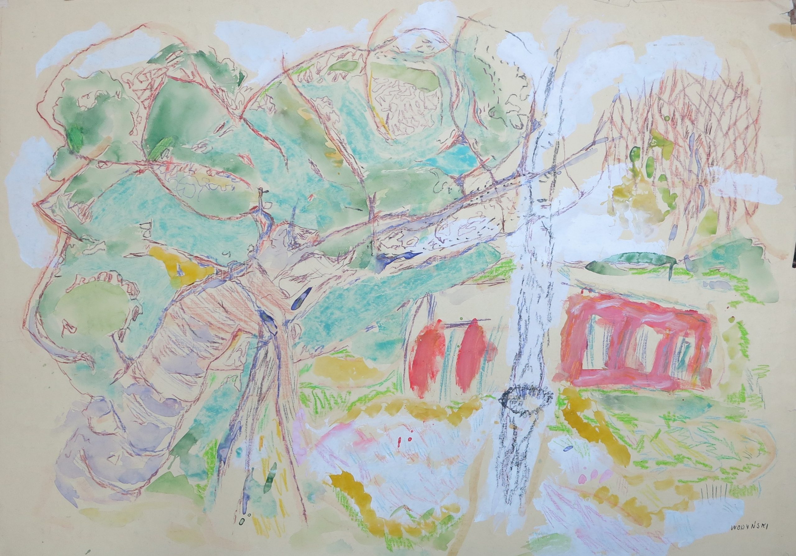 5661 ah jan wodyński, chore drzewko, 1965 r., gwasz, kredka, 76 x 103 cm